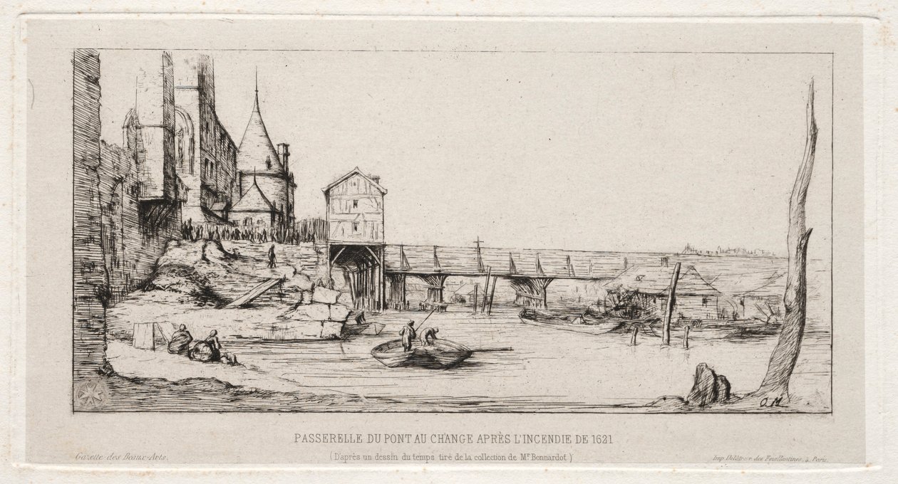 Kładka czasowa zastępująca most giełdowy w Paryżu po pożarze w latach 1621 i 1860. autorstwa Charles Meryon