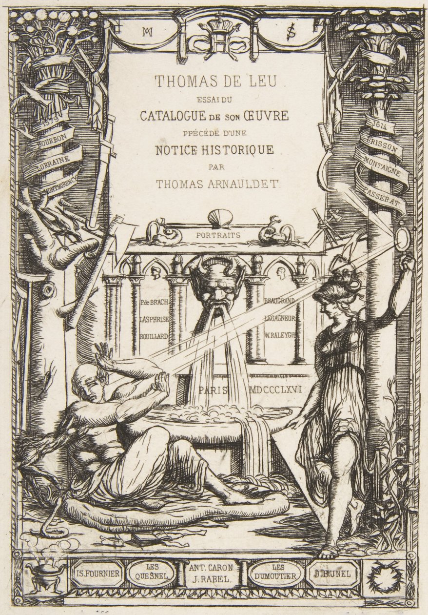 Frontyspis do katalogu dzieł Thomasa De Leu, 1866. autorstwa Charles Meryon