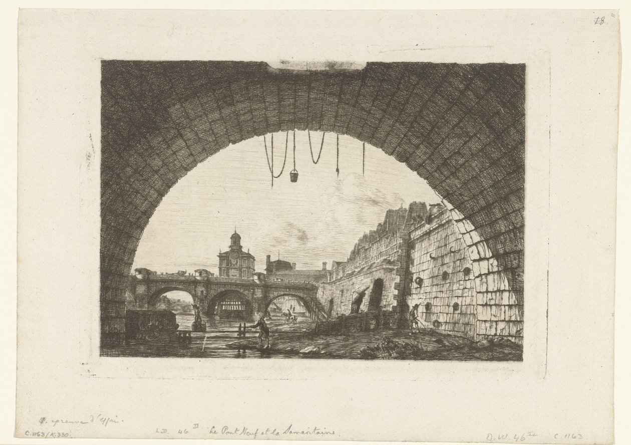 Gezicht op Pont-Neuf van onder boog Pont-au-Change w Paryżu Pont Neuf i Samaritaine spod pierwszego łuku Pont au Change autorstwa Charles Meryon