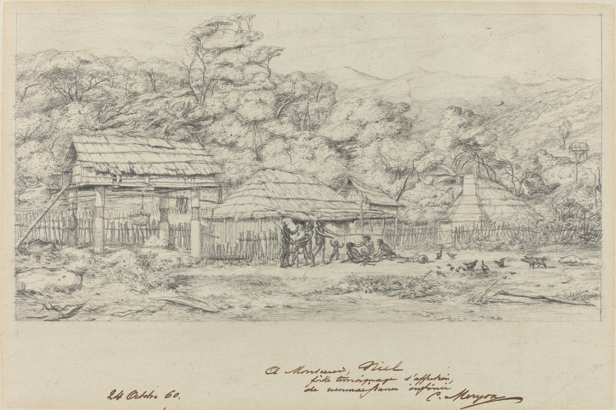 Rodzime spichlerze i mieszkania w Akaroa na wyspie Banks autorstwa Charles Meryon