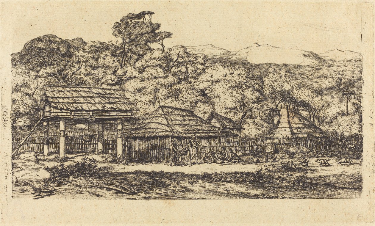 Rodzime spichlerze i mieszkania w Akaroa, Wyspa Banksa, 1845 (Native Stodoły i chaty w Akaroa, Półwysep Banksa, 1845) autorstwa Charles Meryon