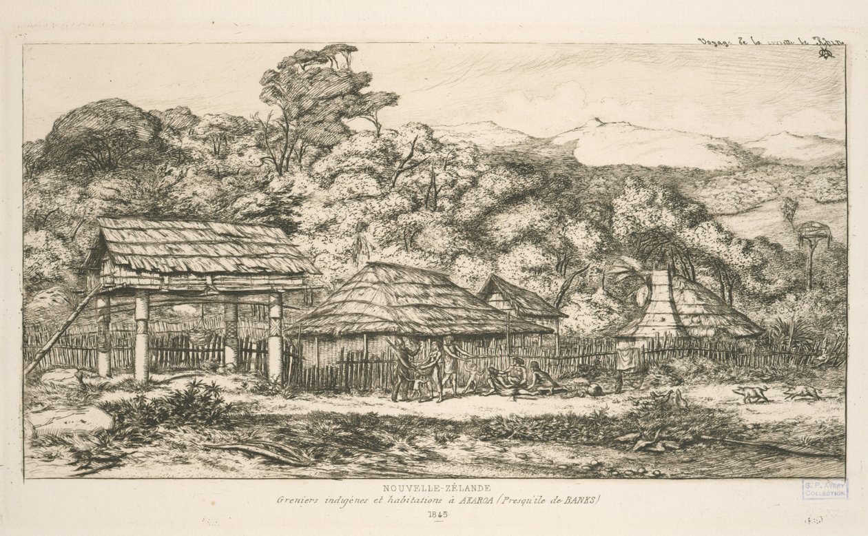 Rodzime spichlerze i mieszkania w Akaroa, Półwysep Banks, ilustracja z „Etchings of the Pacific” autorstwa Charles Meryon