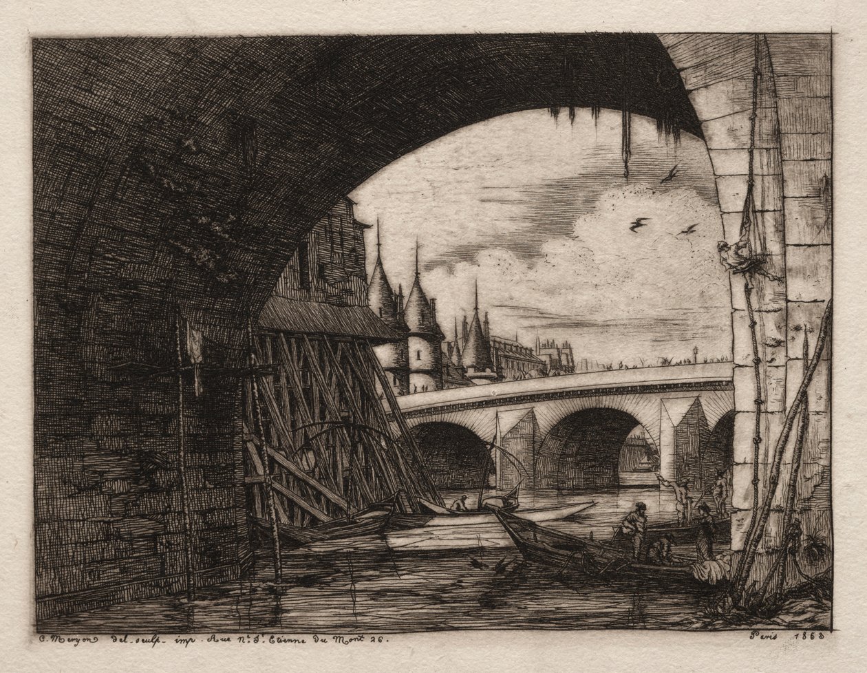 Łuk Pont Notre Dame, Paryż, 1853. autorstwa Charles Meryon