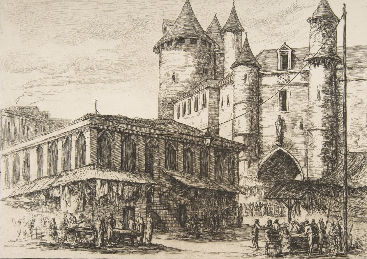 Le Grand Châtelet Grand Châtelet, Paryż ok. 1780, według wcześniejszego rysunku, 1861. autorstwa Charles Meryon
