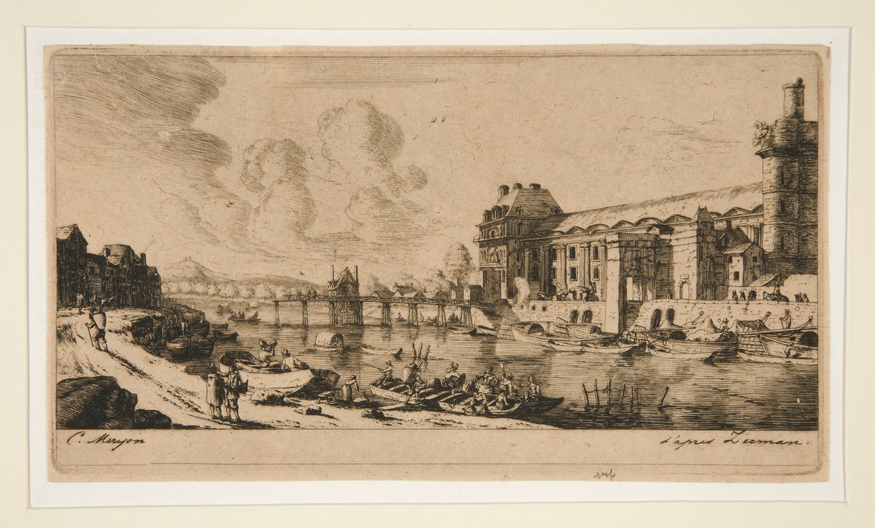 Pavillon de Mademoiselle i część Luwru [The autorstwa Charles Meryon