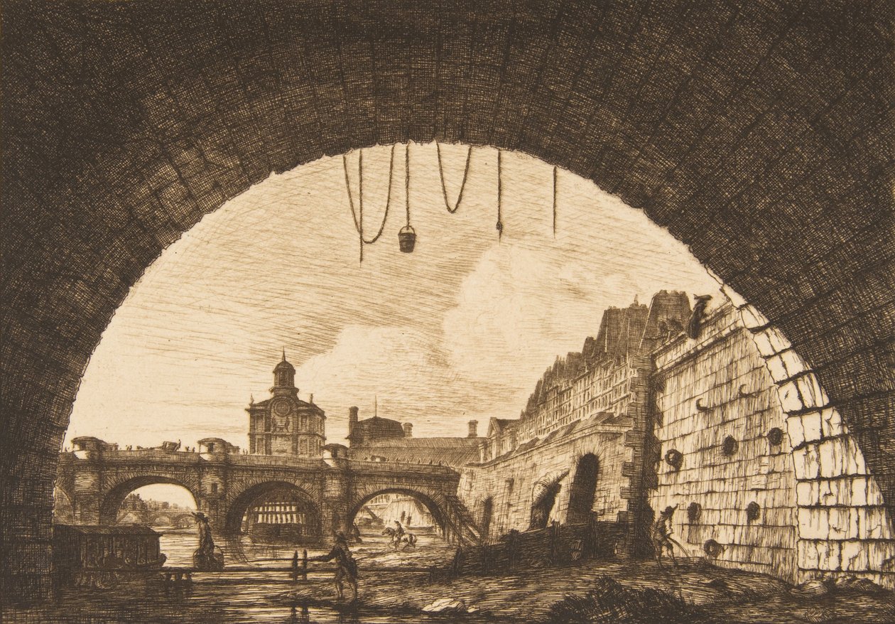 Pont-neuf i Samaritaine spod pierwszego łuku Pont-au-Change Pont-neuf..., 1855. autorstwa Charles Meryon