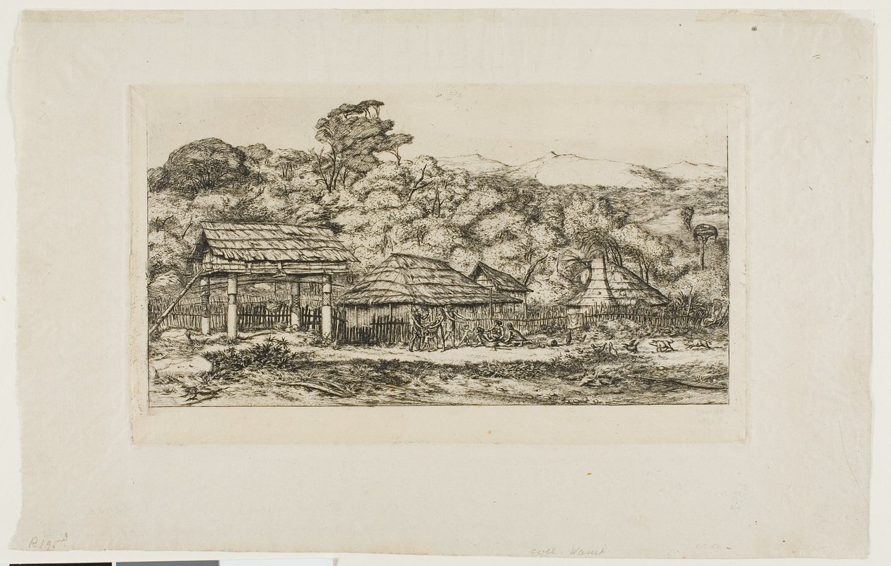 Rodzime stodoły i chaty w Akaroa, Półwysep Banksa, 1845 r. autorstwa Charles Meryon