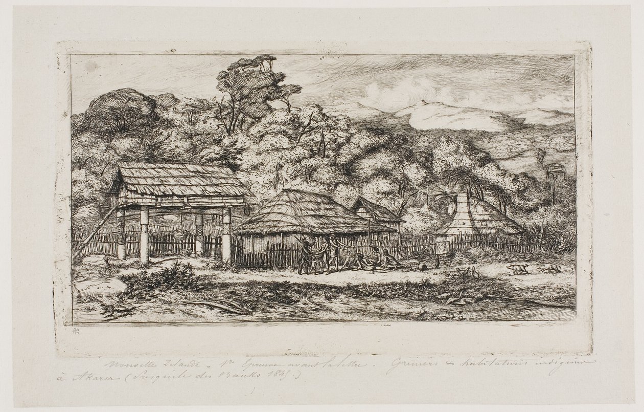 Rodzime stodoły i chaty w Akaroa, Półwysep Banksa, 1845 r. autorstwa Charles Meryon