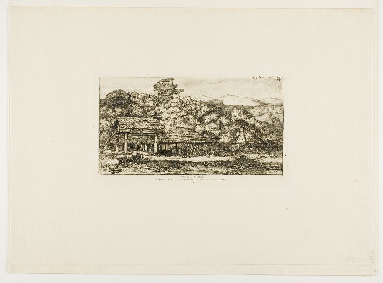 Rodzime stodoły i chaty w Akaroa, Półwysep Banksa, 1845 r. autorstwa Charles Meryon