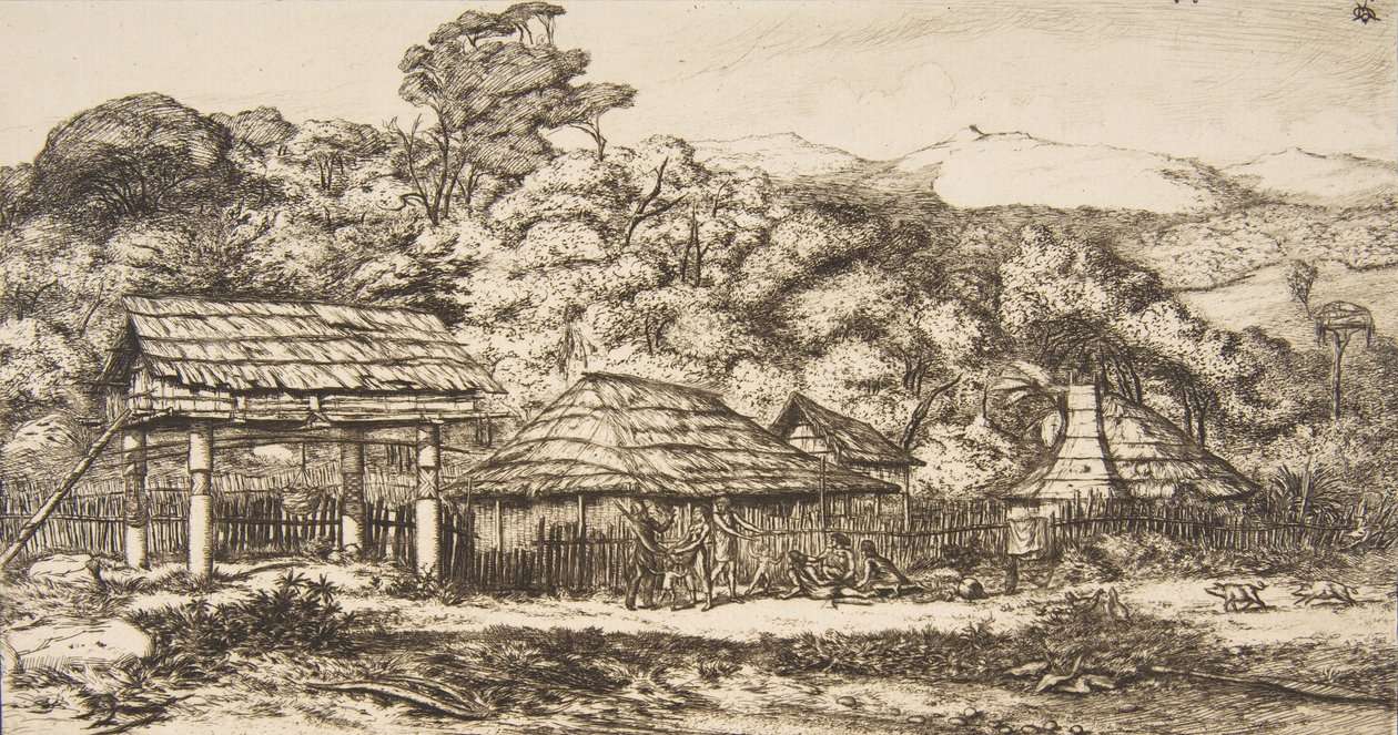 Rodzime stodoły i chaty w Akaroa, Półwysep Banks, 1845, 1860. autorstwa Charles Meryon