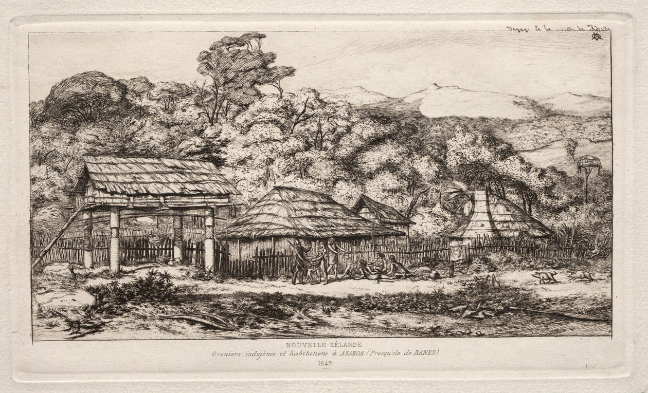Rodzime stodoły i chaty w Akaroa, Półwysep Banks, 1845, 1865. autorstwa Charles Meryon