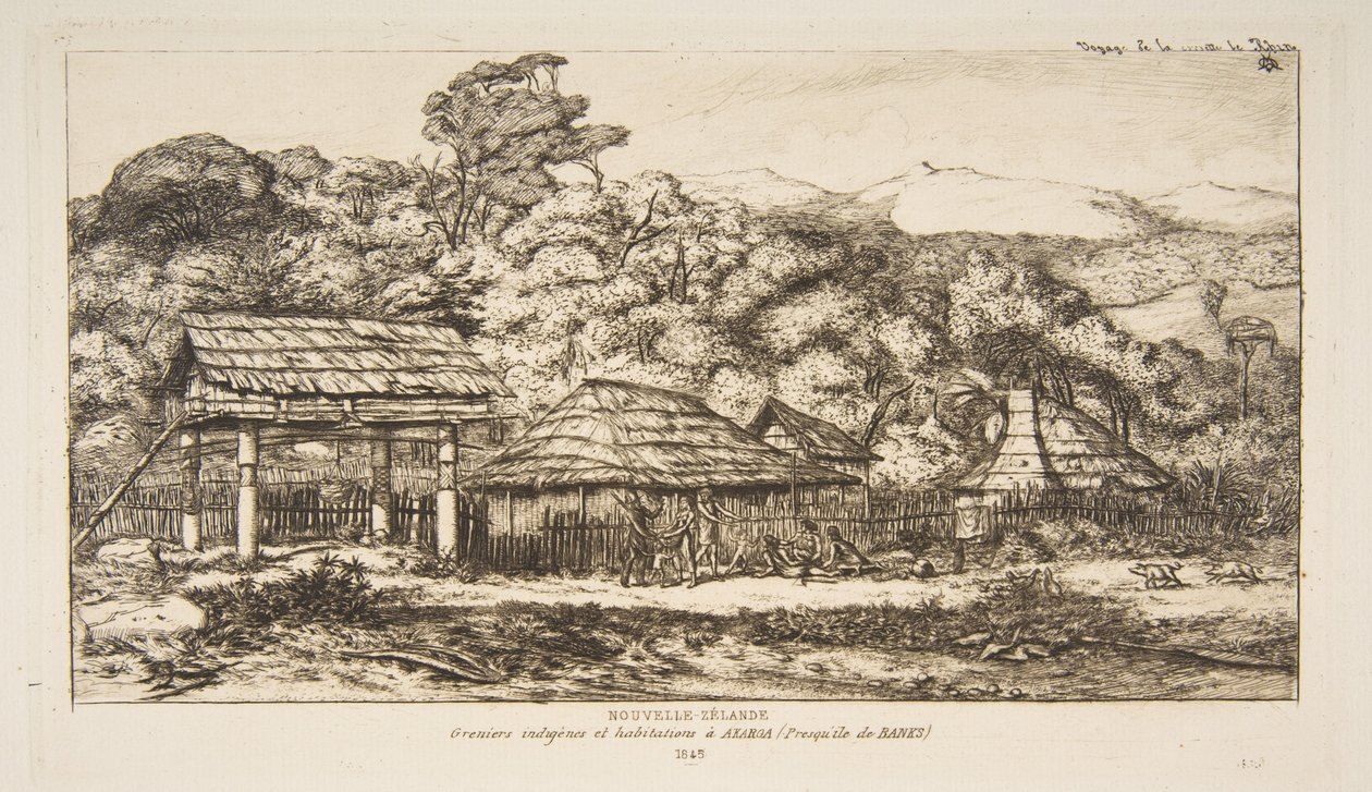Rdzenne stodoły i chaty w Akaroa na Półwyspie Banksa, 1845, z „Podróży do Nowej Zelandii (1842-46)” autorstwa Charles Meryon