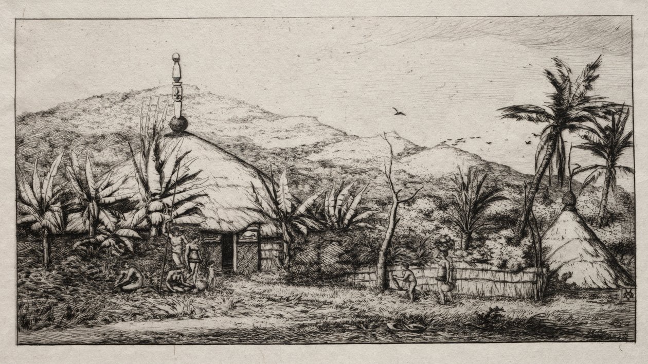 Nowa Kaledonia: Duża chata tubylców na drodze z Balade do Puebo, 1845 autorstwa Charles Meryon
