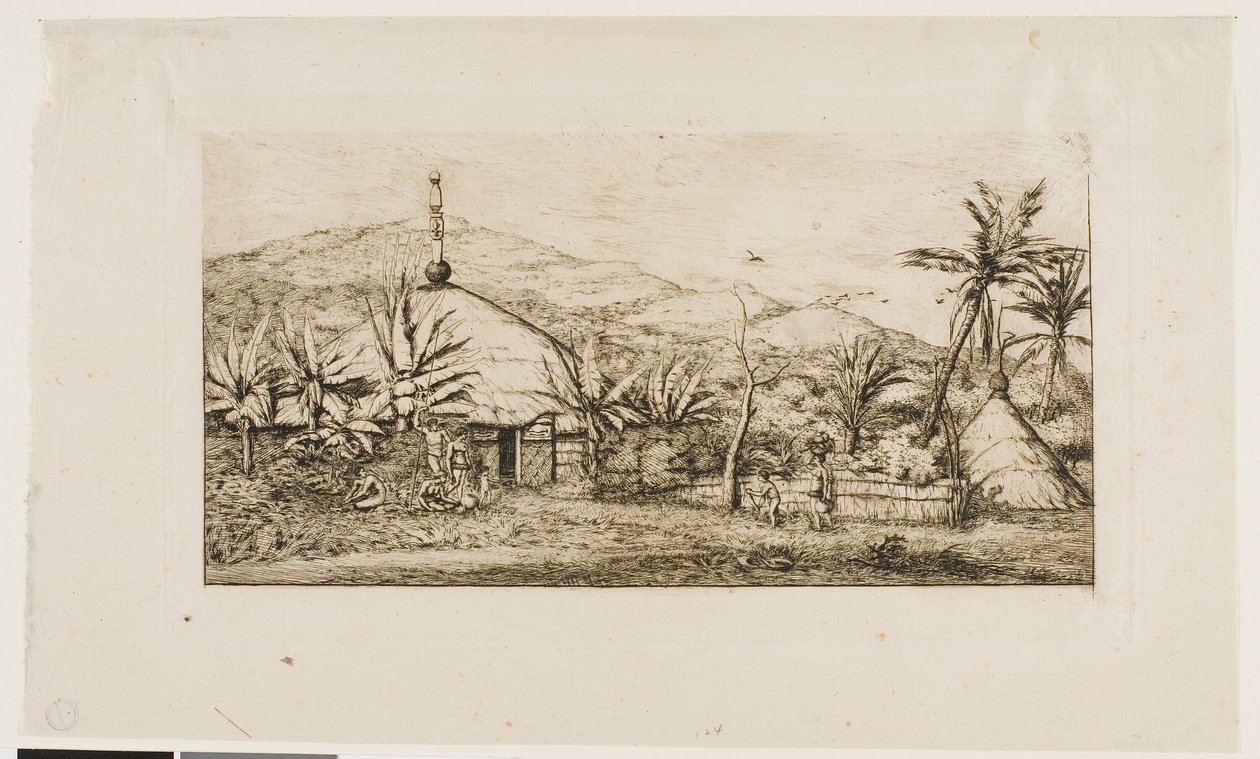 Nowa Kaledonia: Duża chata tubylców na drodze z Balade do Puépo, 1845 autorstwa Charles Meryon
