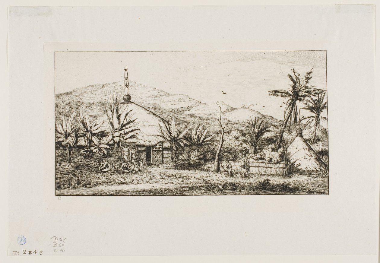 Nowa Kaledonia: Duża chata tubylców na drodze z Balade do Puépo, 1845 autorstwa Charles Meryon