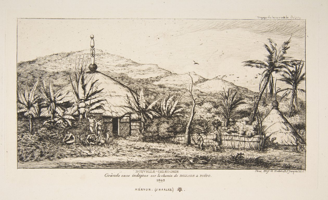 Nowa Kaledonia: Duża chata tubylcza przy drodze z Balade do Puebo, 1845, z „Podróży do Nowej Zelandii (1842-46)” autorstwa Charles Meryon