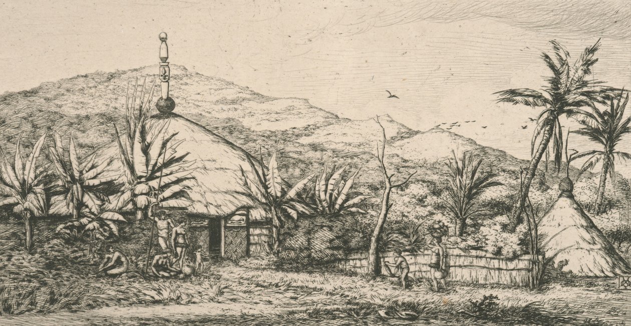 Nowa Kaledonia, Nowa Kaledonia: duża chata tubylców na chodniku do Poepo, ilustracja z "Etching of the Pacific...", 1863 autorstwa Charles Meryon
