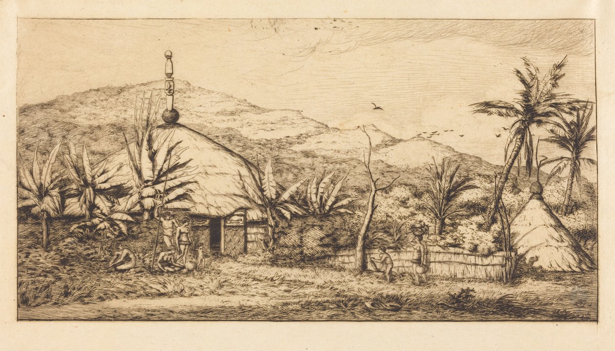 Nowa Kaledonia: Duża chata tubylcza przy drodze z Balade do Puebo, 1845 r. (New Caledonia: Large Native Hut on the Road from Balade to Puebo, 1845) autorstwa Charles Meryon