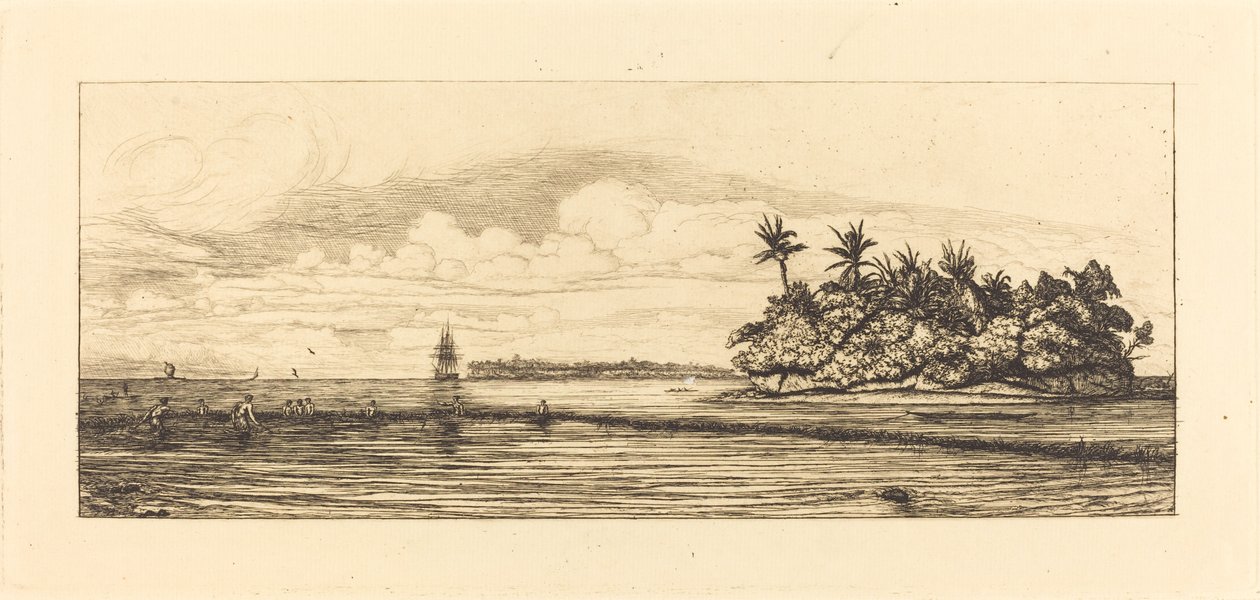 Oceania, wyspy w Uvea (Wallis); Peche aux palmes, 1845 (Oceania: Fishing, Near Islands with Palms in the Uea or Wallis Group) autorstwa Charles Meryon