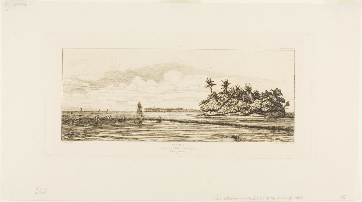 Oceania: Rybołówstwo, w pobliżu wysp z palmami w grupie Uea lub Wallis, 1845 autorstwa Charles Meryon