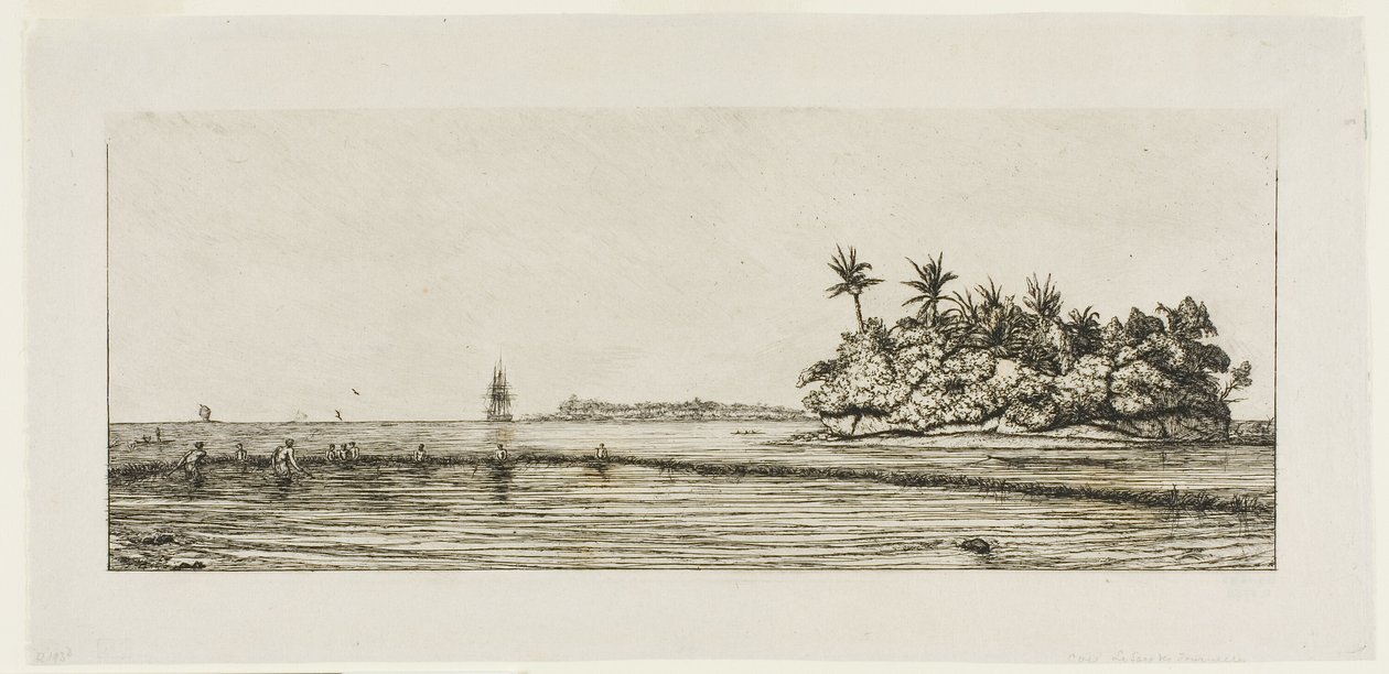 Oceania: Rybołówstwo, w pobliżu wysp z palmami w grupie Uea lub Wallis, 1845 autorstwa Charles Meryon