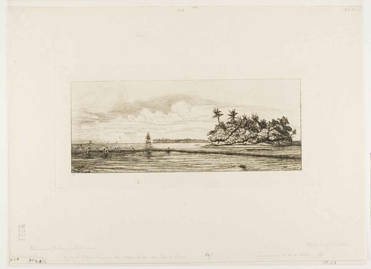 Oceania: Rybołówstwo, w pobliżu wysp z palmami w grupie Uea lub Wallis, 1845 autorstwa Charles Meryon