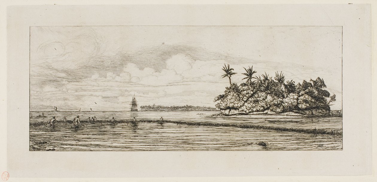 Oceania: Rybołówstwo, w pobliżu wysp z palmami w grupie Uea lub Wallis, 1845 autorstwa Charles Meryon