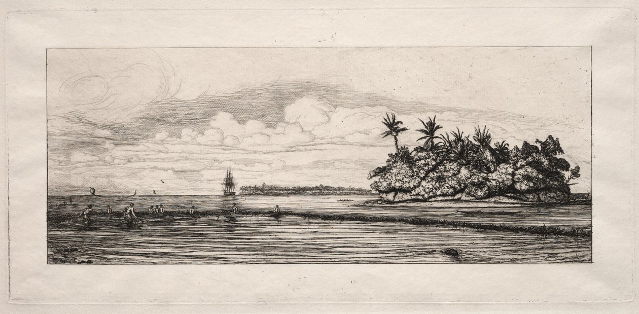 Oceania: Łowienie w pobliżu wysp z palmami w grupie Uea lub Wallis autorstwa Charles Meryon