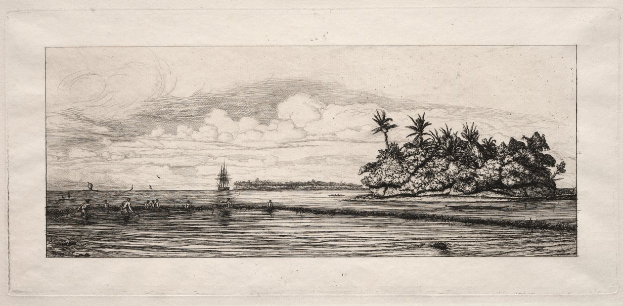Oceania: Łowienie ryb w pobliżu wysp z palmami w grupie Uea lub Wallis, 1863. autorstwa Charles Meryon