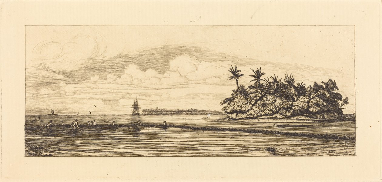 Oceania, wysepki w archipelagu Uvea (Wallis); Łowienie ryb z płetwami, 1845 (Oceania: Łowienie ryb w pobliżu wysp porośniętych palmami w archipelagu Uvea lub Wallis) autorstwa Charles Meryon
