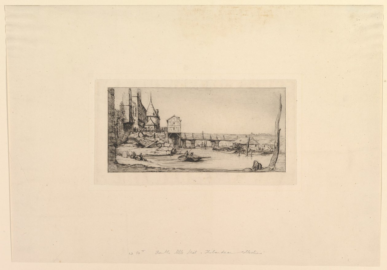 Kładka Pont-au-Change, po pożarze w 1621 r. Kładka czasowo zastąpiona, 1860 r. autorstwa Charles Meryon