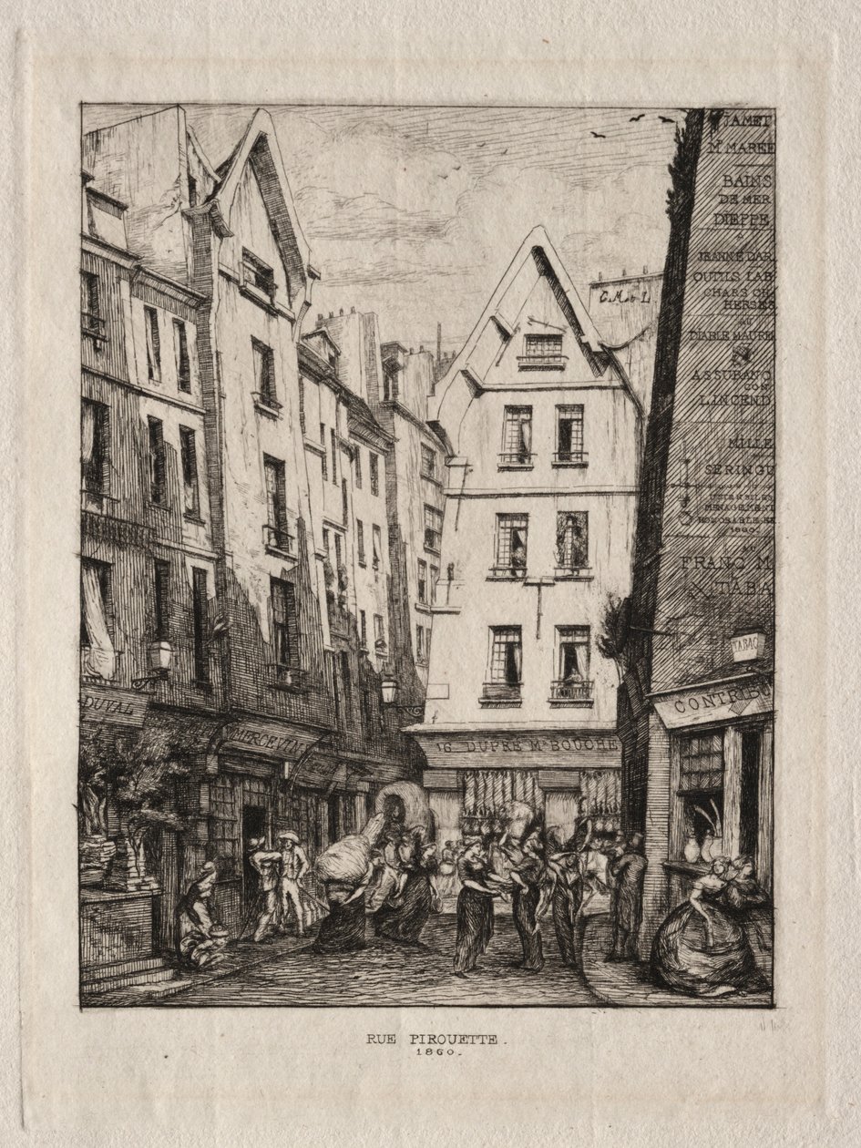 Ulica Piruet, w pobliżu targów, Paryż, 1860 r. autorstwa Charles Meryon