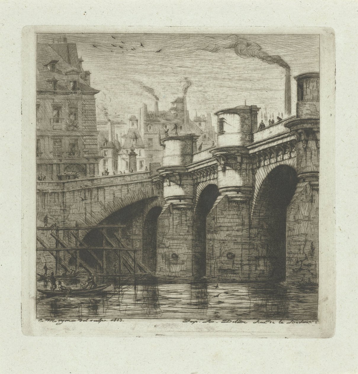 Pont Neuf nad Sekwaną w Paryżu Nowy most Akwaforty na Paryżu (tytuł serii) autorstwa Charles Meryon