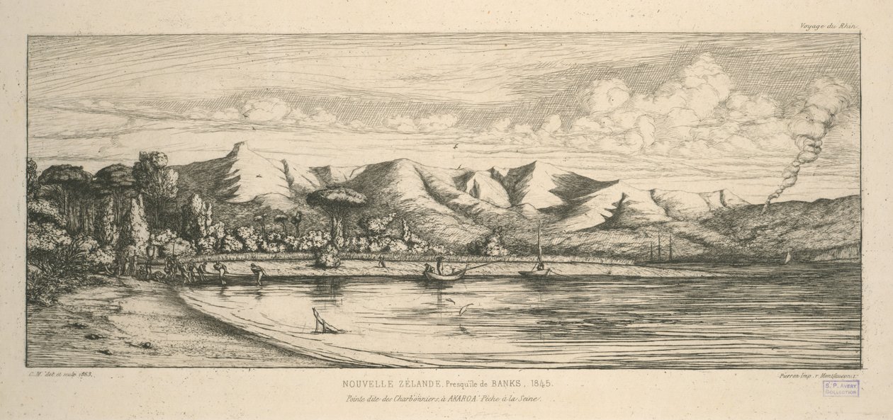 Półwysep Banks, końcówka o nazwie Charbonniers, w Akaroa, połów niewodem, ilustracja z „Etchings of the Pacific” autorstwa Charles Meryon