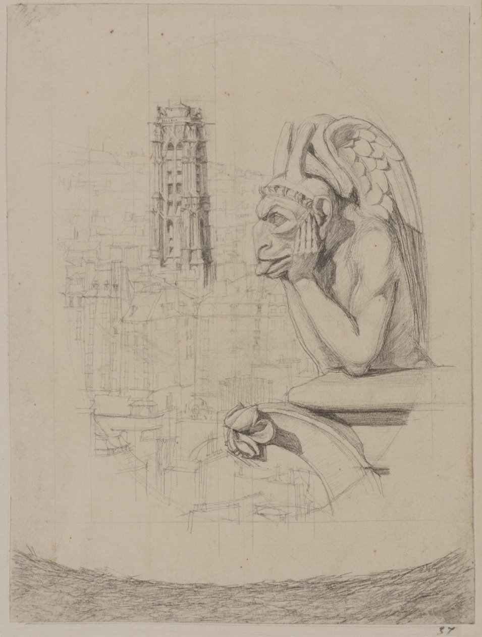 Studium do „Le Stryge”: Chimera i wieża Saint-Jacques autorstwa Charles Meryon