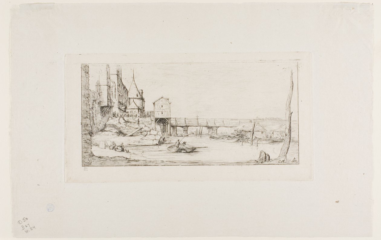 Kładka tymczasowo zastępująca most Pont-au-Change, Paryż, po pożarze w 1621 r. autorstwa Charles Meryon