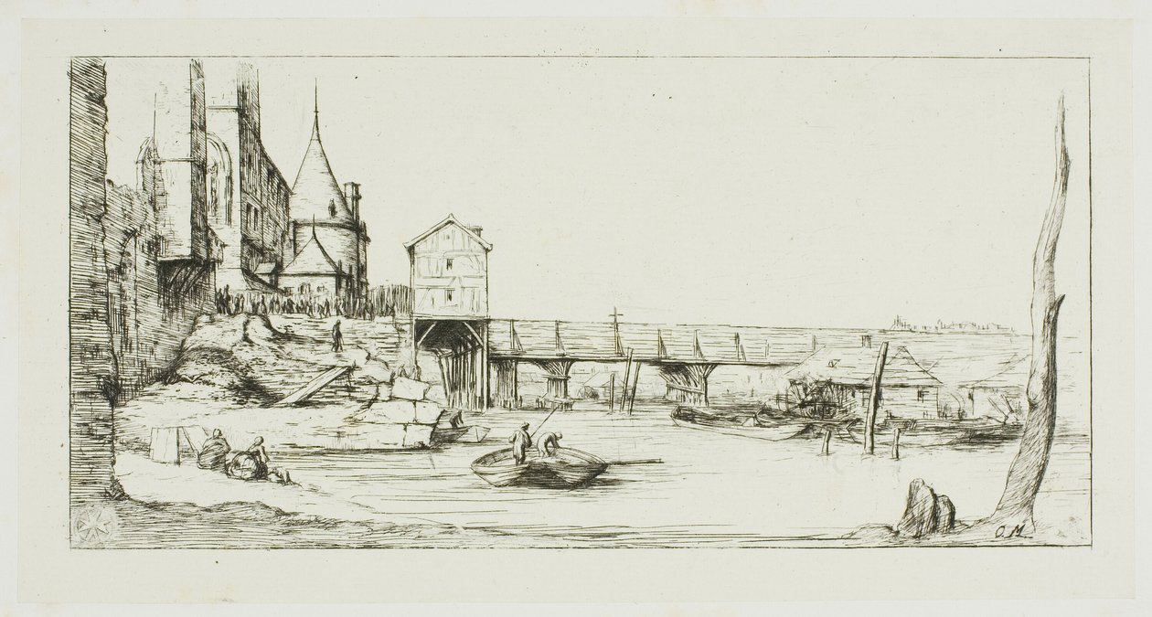 Kładka tymczasowo zastępująca most Pont-au-Change, Paryż, po pożarze w 1621 r. autorstwa Charles Meryon