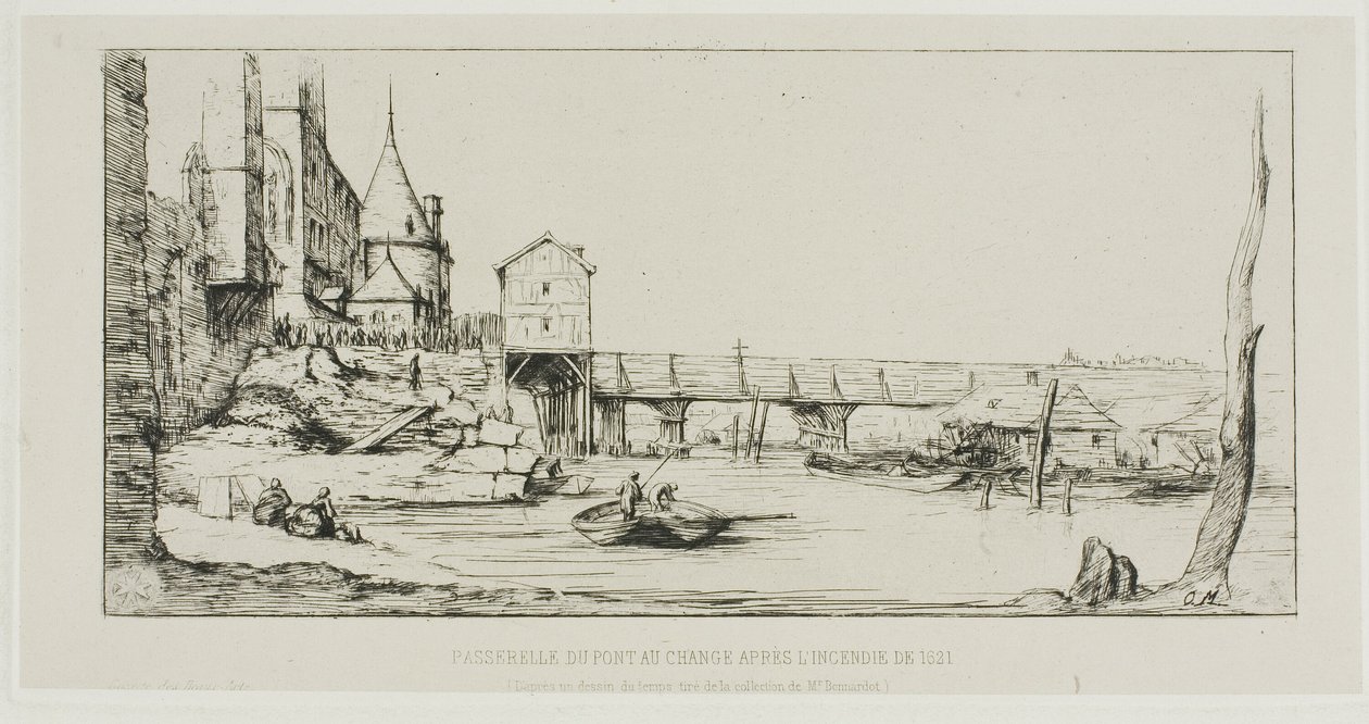 Kładka tymczasowo zastępująca most Pont-au-Change, Paryż, po pożarze w 1621 r. autorstwa Charles Meryon