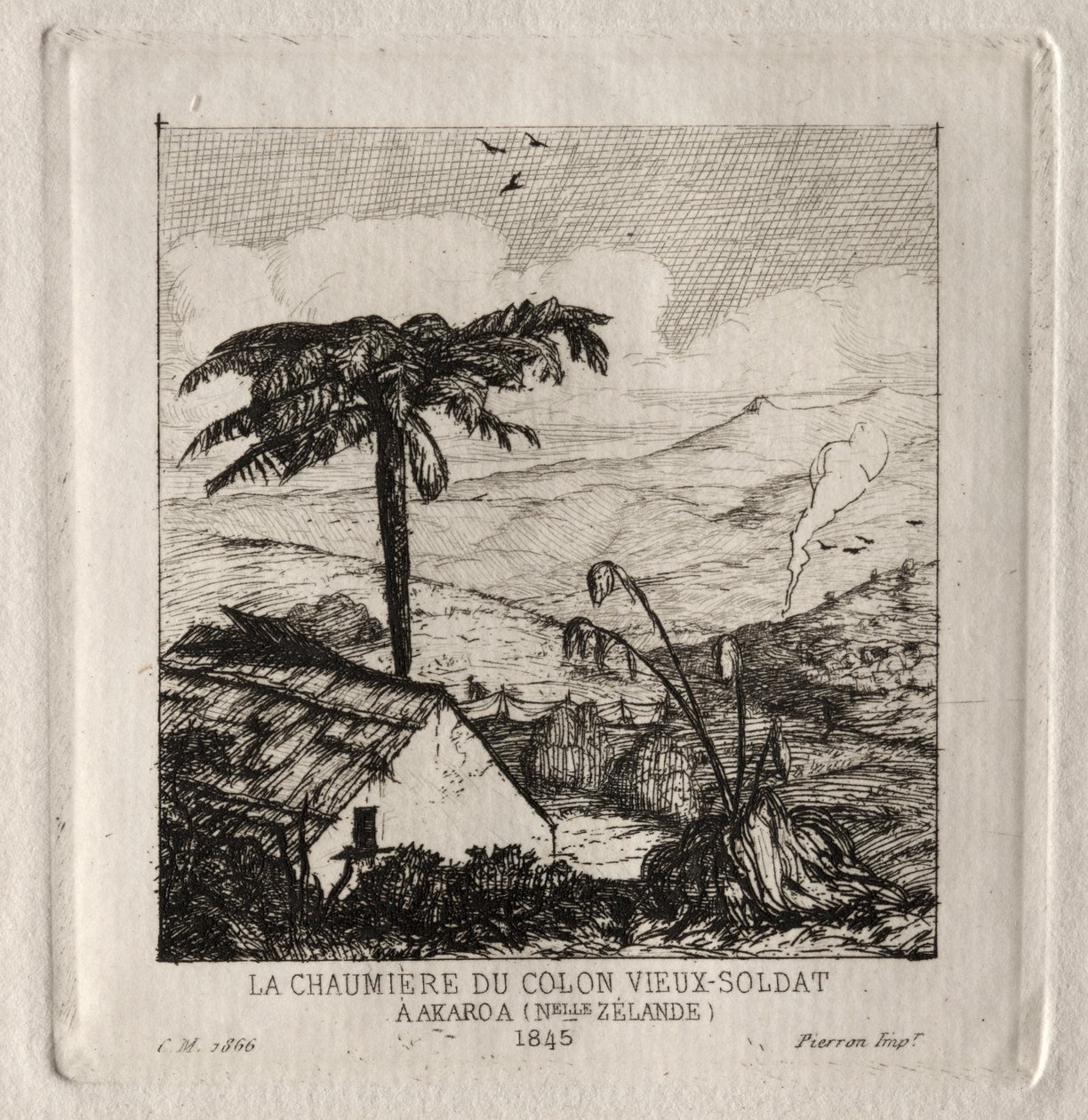 Chata osadników starego żołnierza w Akaroa, 1845, 1866. autorstwa Charles Meryon