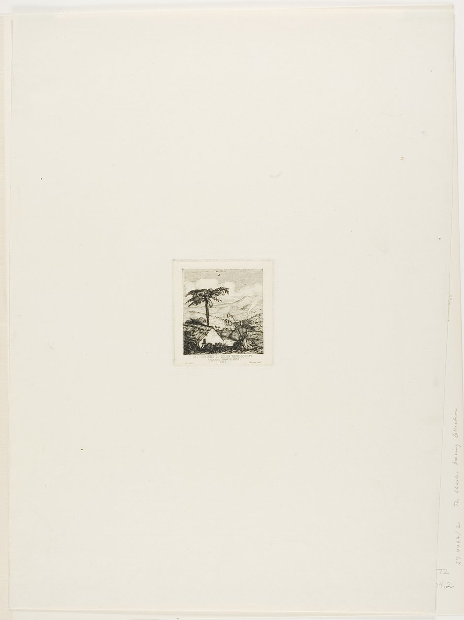 Kryta strzechą chata starego żołnierza, Akaroa, 1845 r. autorstwa Charles Meryon