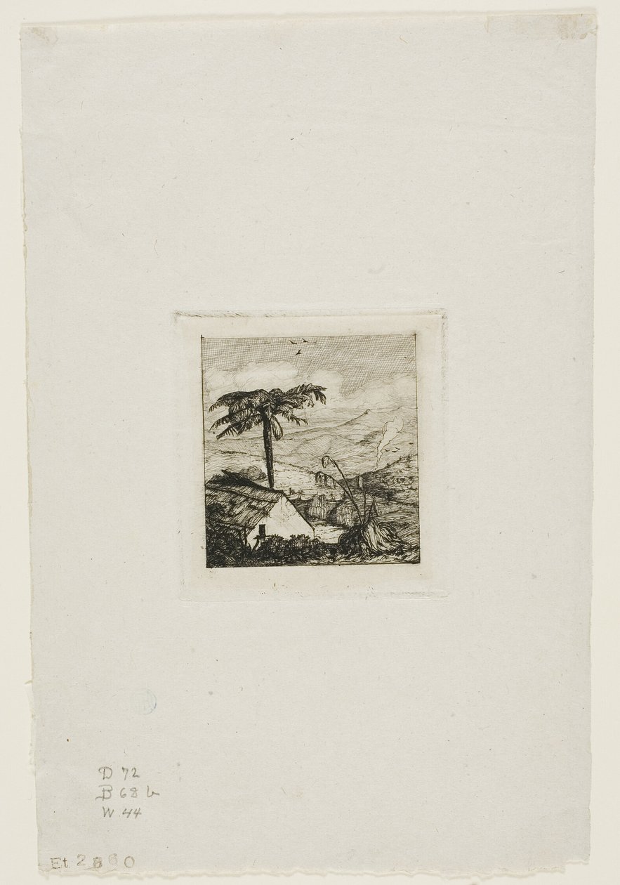 Kryta strzechą chata starego żołnierza, Akaroa, 1845 r. autorstwa Charles Meryon