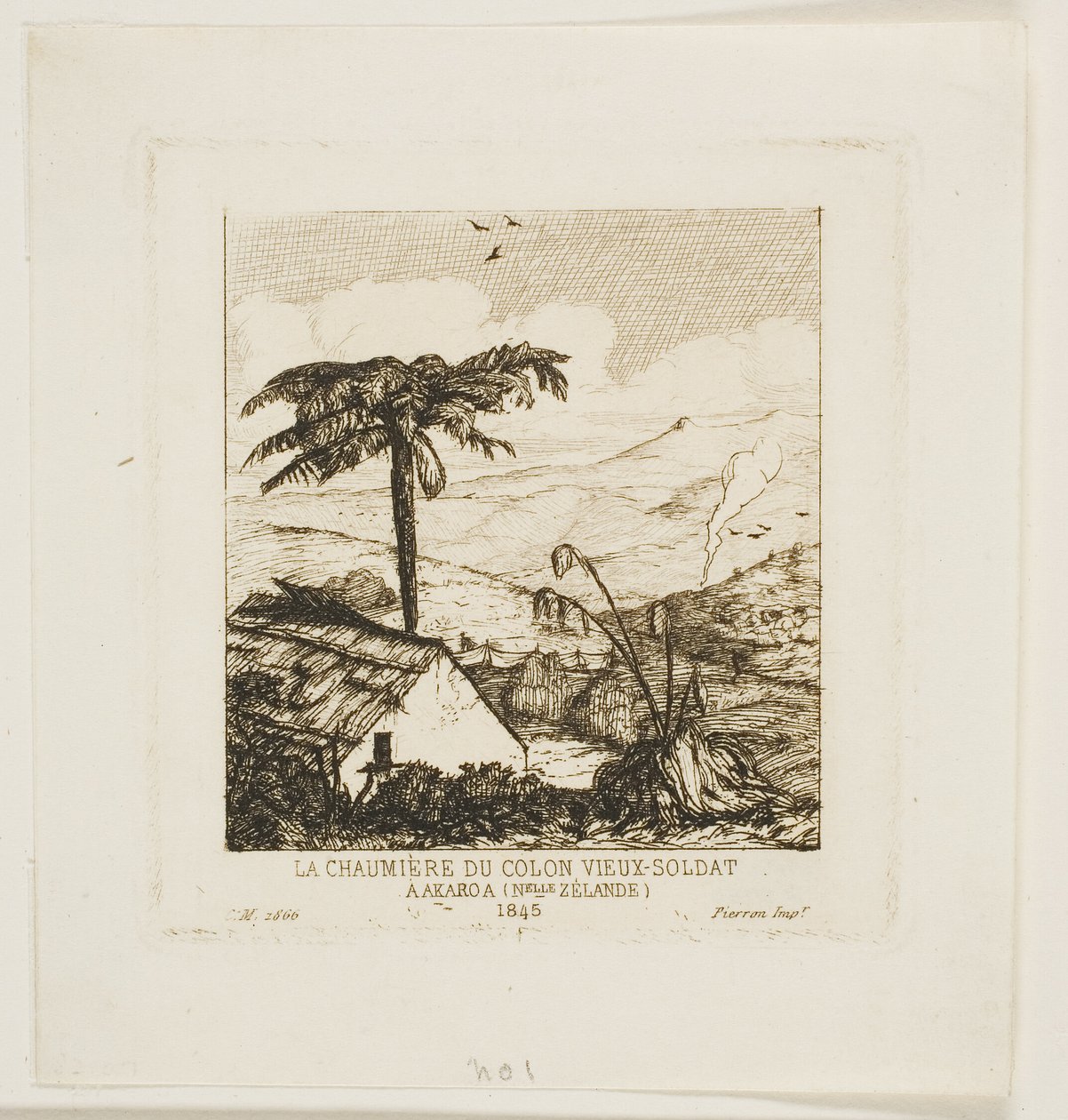 Kryta strzechą chata starego żołnierza, Akaroa, 1845 r. autorstwa Charles Meryon