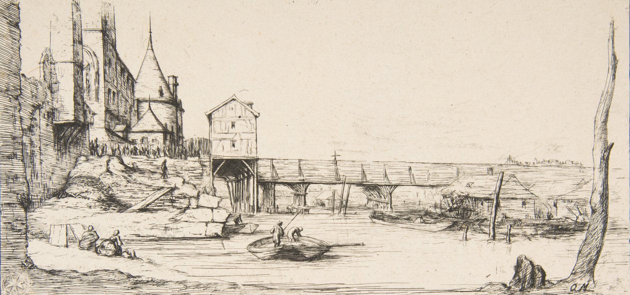 Kładka tymczasowo zastępująca most Pont-au-Change, Paryż, po pożarze w 1621 r., po..., 1860 r. autorstwa Charles Meryon