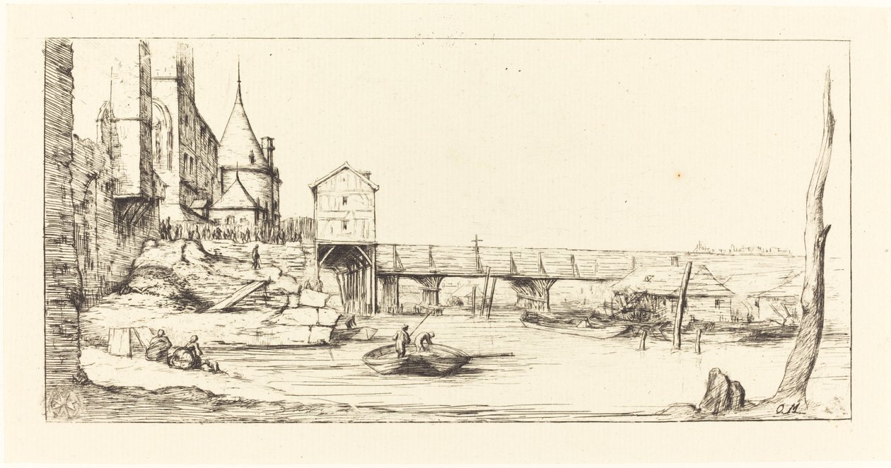 Kładka czasowa zastępująca most Pont-au-Change w Paryżu po pożarze w 1621 r autorstwa Charles Meryon after Stefano Della Bella
