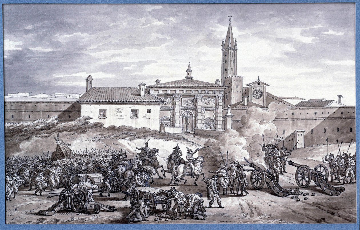 Kampanie włoskie: „” Napoleon Bonaparte (1769-1821) i marechal Augereau ustawili drzwi Werony we Włoszech z armaty w 1796 roku””” Rysunek piórem przypisywany Charlesowi Meynierowi (1768-1832). Ciemny. 0,25x0,4m. Paryż, Luwr autorstwa Charles Meynier