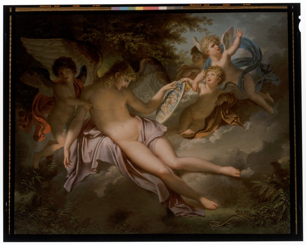 Kupidyn opłakuje stratę Psyche, której portret zatrzymuje w dłoniach autorstwa Charles Meynier
