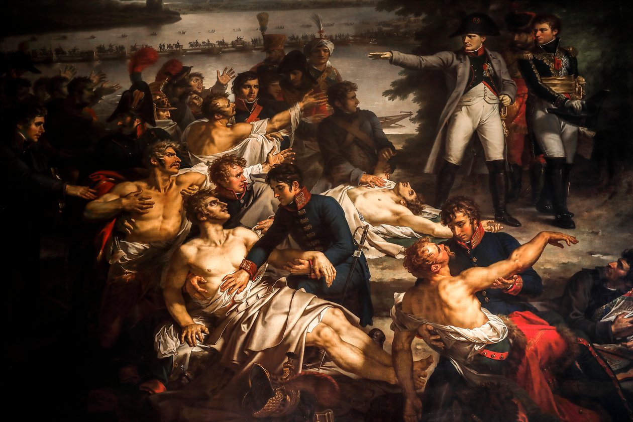 Napoleon odwiedza rannych żołnierzy na wyspie Lobau autorstwa Charles Meynier