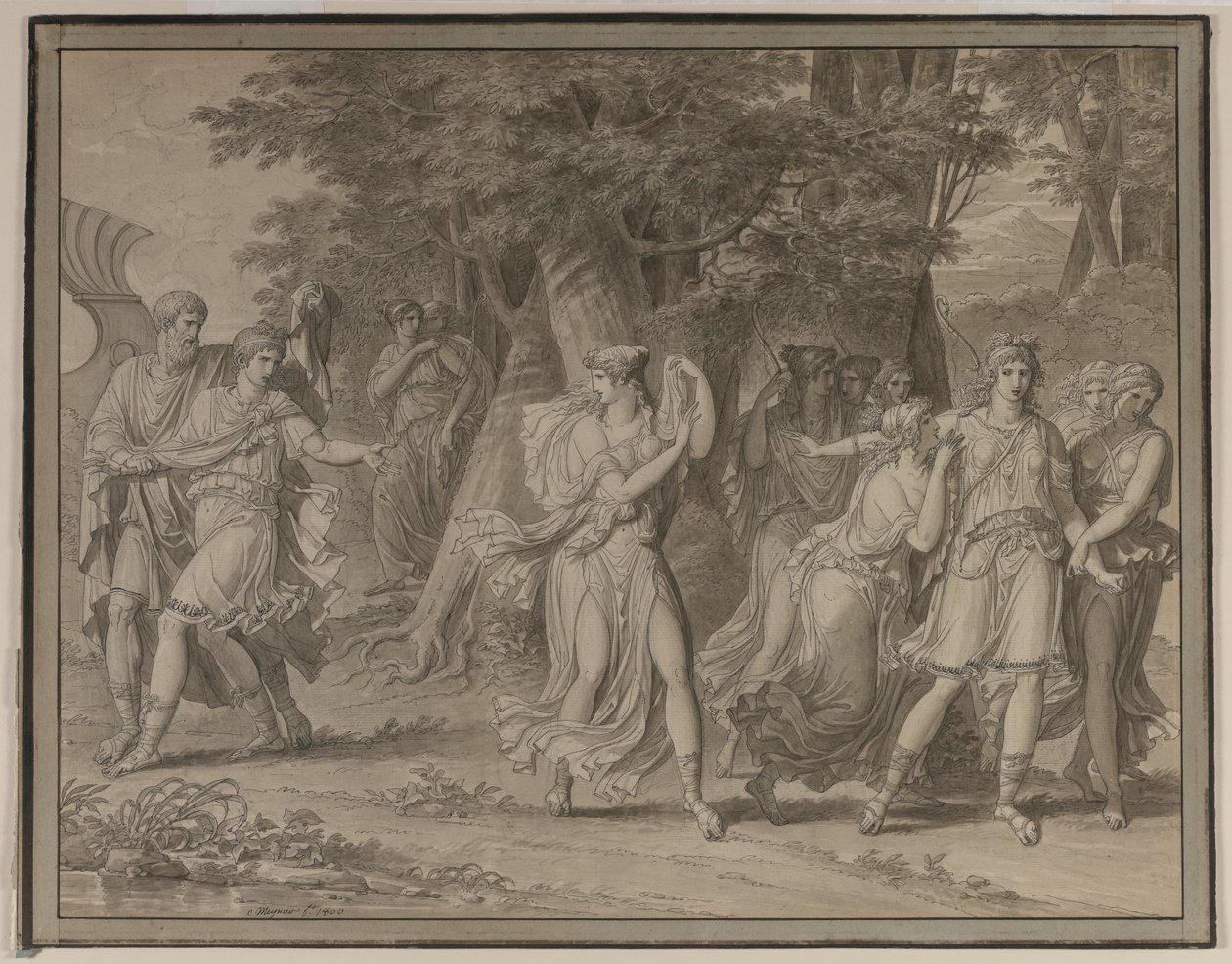 Telemach, ponaglany przez mentora, opuszcza wyspę Calypso, 1800. autorstwa Charles Meynier