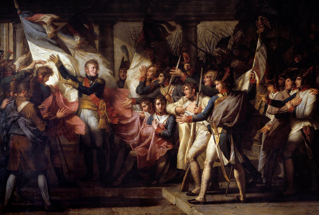 Marechal Michel Ney (1769-1815) przekazał żołnierzom 76. pułku liniowego flagi znalezione w dniu 7.11.1805 roku po bitwie pod Elchingen między armią napoleońską a Austrią. Obraz Charlesa Meyniera (1768-1832) 1808 nd. 3 autorstwa Charles Meynier