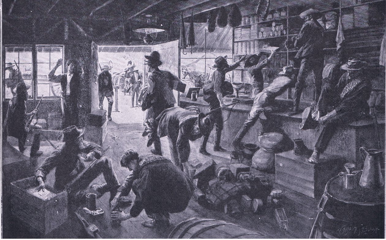 Burowie plądrują sklep w posiadłości Grange River, ilustracja z filmu After Pretoria: The Guerilla War, 1902 autorstwa Charles Mills Sheldon